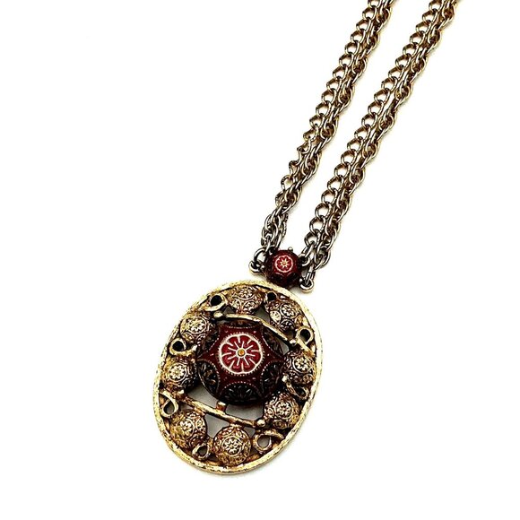 Vintage Gold-Tone Pendant Necklace With Red & White Floral Enamel Design Double - Picture 1 of 8